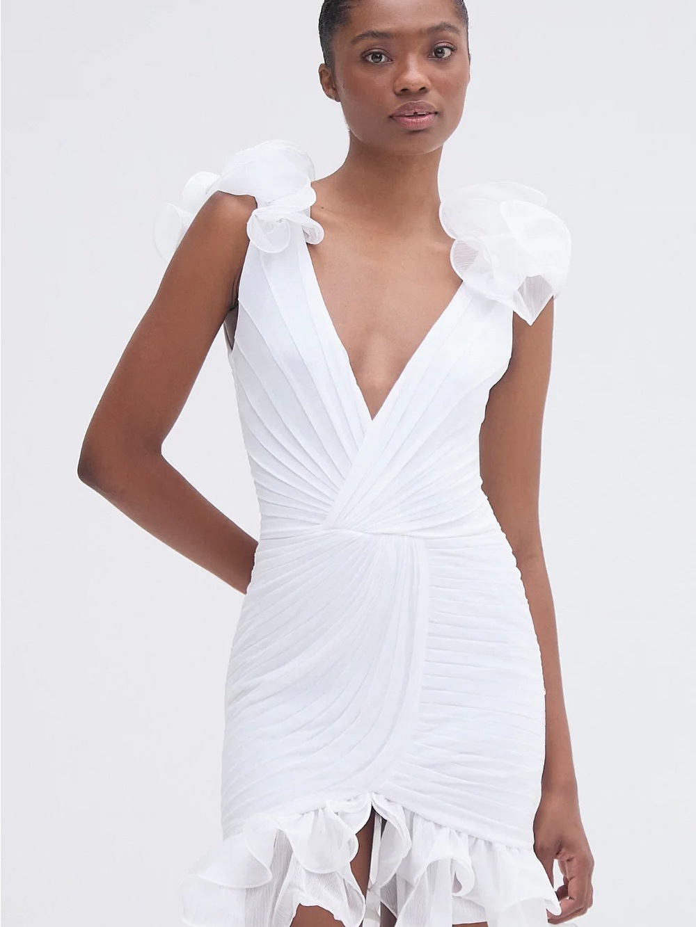 PatBO White SILK PLISSE FLUTTER MINI DRESS